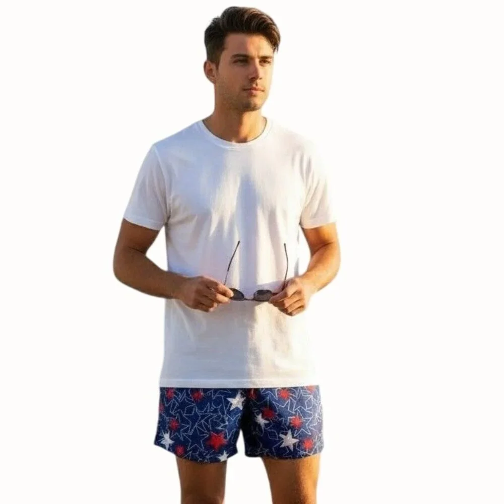 George Mens Swim Shorts Blue Red Star Print Size Large 36-38 Elastic Waist
